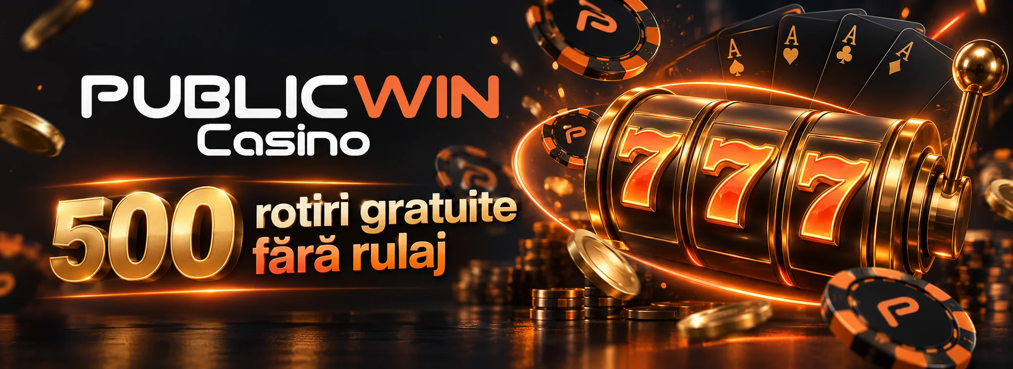 PublicWin Casino România - banner cu bonusul de 500 de rotiri gratuite fără rulaj